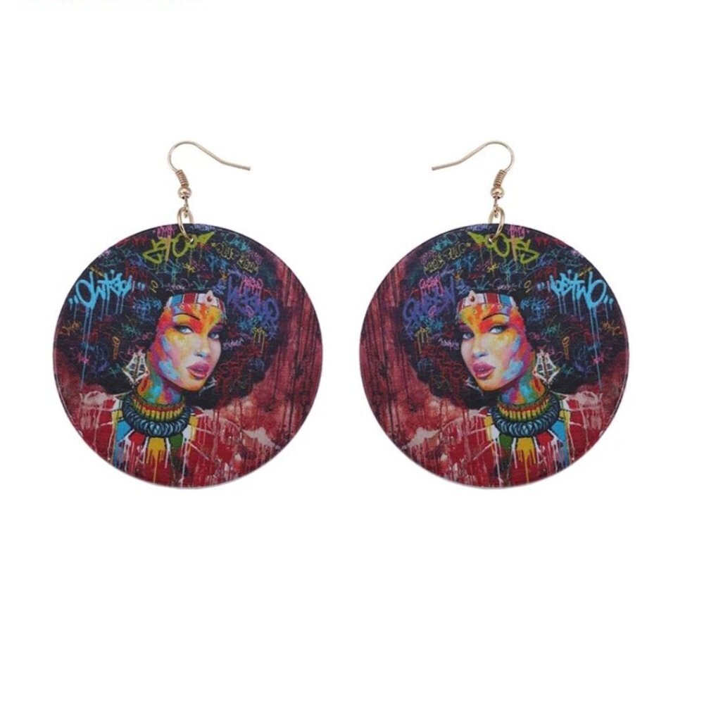 Jewelry earrings statement dangle large round black woman graffiti art new
